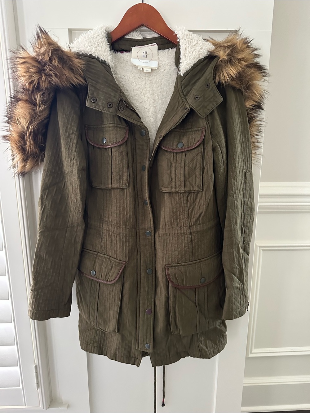 Anthropologie HEI HEI Olive Green Utility Parka with Faux Fur Hood